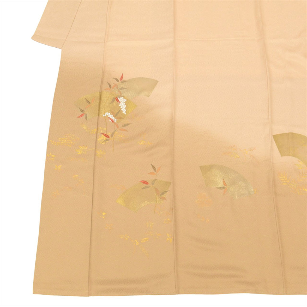 Vintage Japanese Kimono | Tsukesage-Houmongi | Brown Silk | Paper Fan Botanical Pattern | One Crest | Embroidery | Sustainable | uu0223b