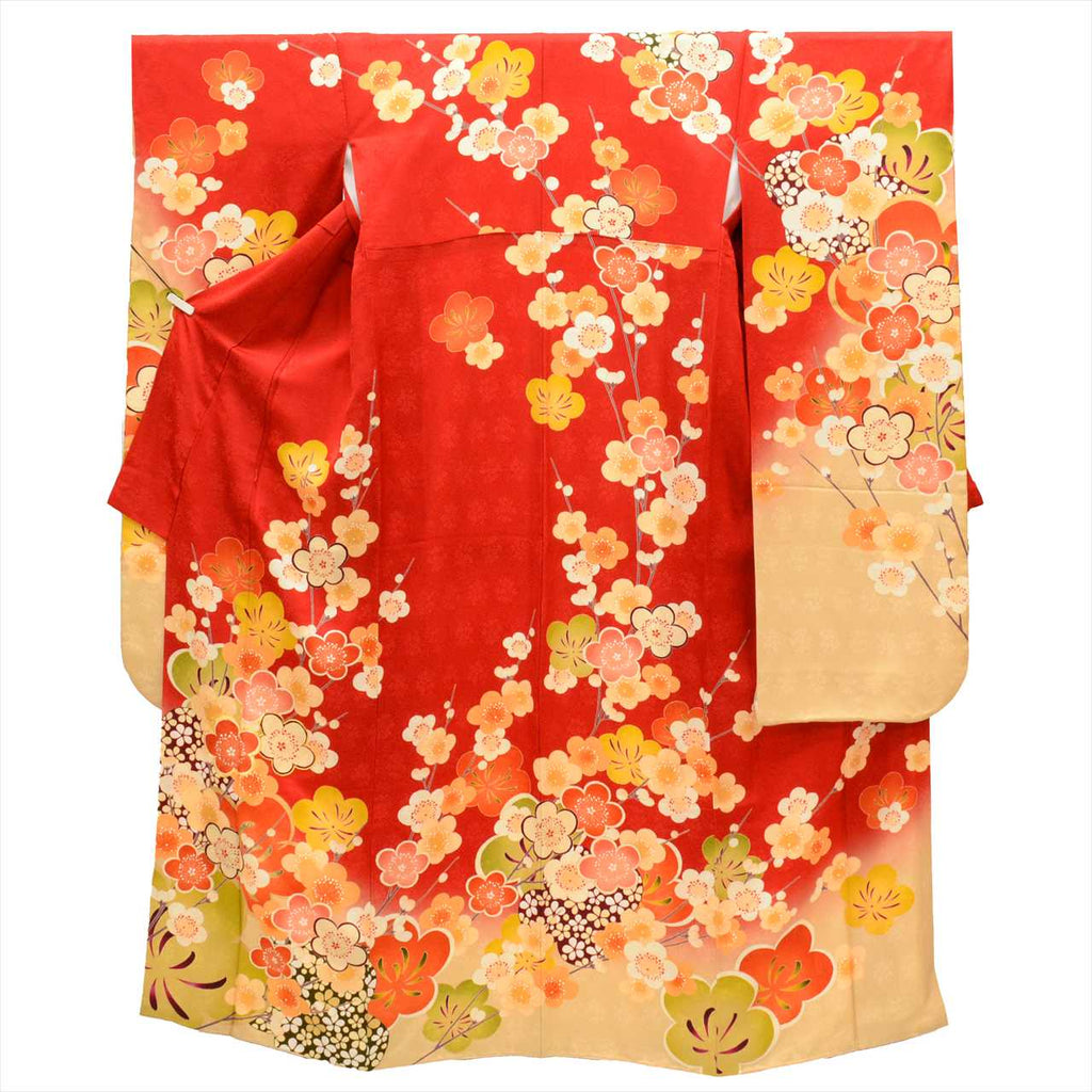 [Used] Furisode (long-sleeved kimono) - Single item, Pure silk, Length 171.5cm (67.5in), Size LL, Sleeve length 68.0cm (26.8in), Ready-made, Used, Recycled kimono, Red color, Plum blossom pattern, Gold embroidery, Gold leaf, Vintage, uu0238b 