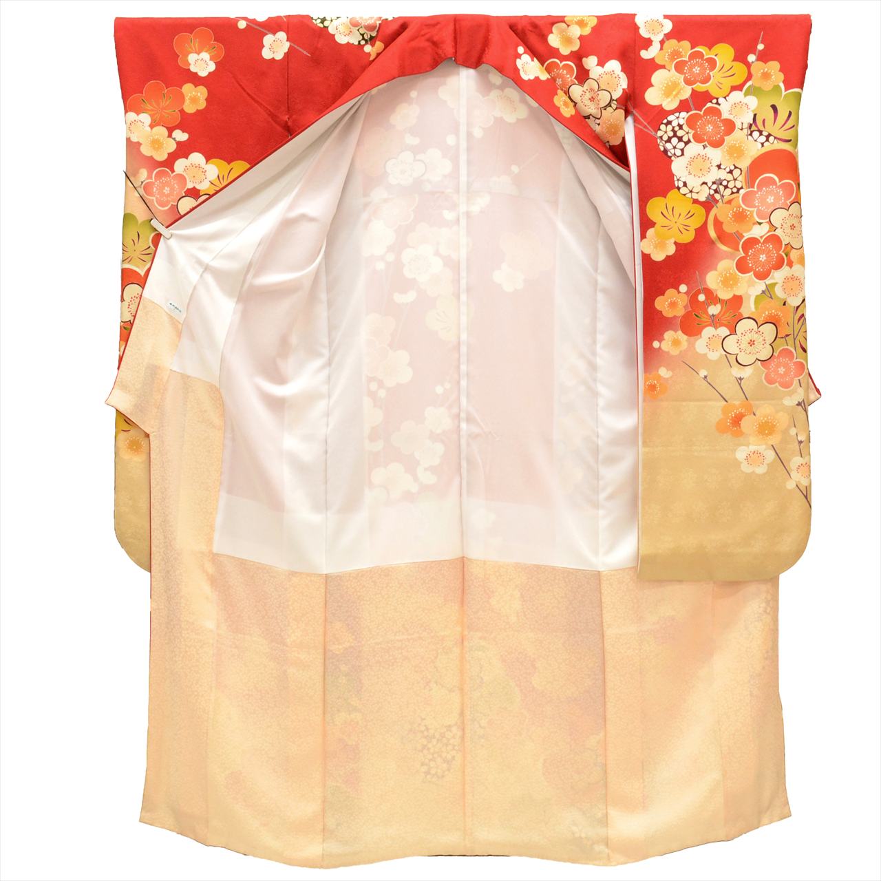 [Used] Furisode (long-sleeved kimono) - Single item, Pure silk, Length 171.5cm (67.5in), Size LL, Sleeve length 68.0cm (26.8in), Ready-made, Used, Recycled kimono, Red color, Plum blossom pattern, Gold embroidery, Gold leaf, Vintage, uu0238b 