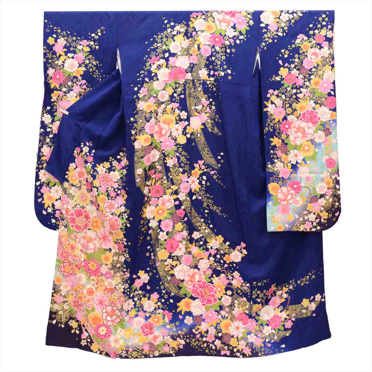[Used] Silk Furisode Kimono (Sold Separately), Length 168.5cm (66.3in) (Size LL), Sleeve Length 70.0cm (27.6in), Ready-made, Recycled Kimono, Navy Blue, Floral Pattern, Gold Thread, Gold Embellishments, Vintage, uu0239b 
