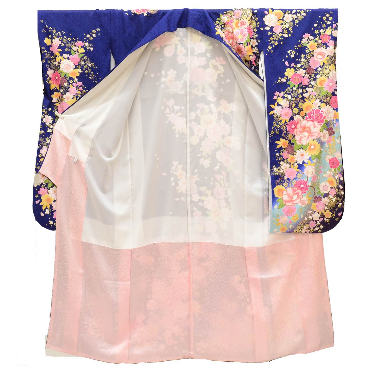 [Used] Silk Furisode Kimono (Sold Separately), Length 168.5cm (66.3in) (Size LL), Sleeve Length 70.0cm (27.6in), Ready-made, Recycled Kimono, Navy Blue, Floral Pattern, Gold Thread, Gold Embellishments, Vintage, uu0239b 