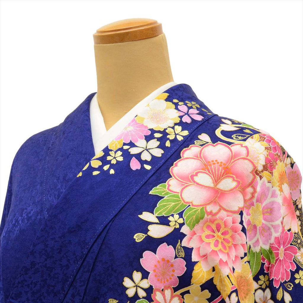[Used] Silk Furisode Kimono (Sold Separately), Length 168.5cm (66.3in) (Size LL), Sleeve Length 70.0cm (27.6in), Ready-made, Recycled Kimono, Navy Blue, Floral Pattern, Gold Thread, Gold Embellishments, Vintage, uu0239b 