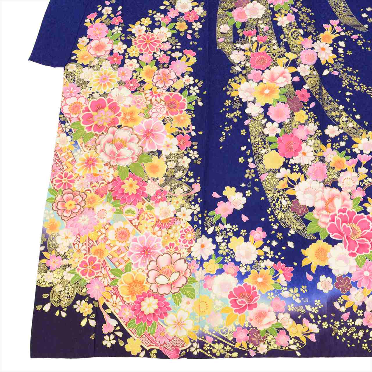 [Used] Silk Furisode Kimono (Sold Separately), Length 168.5cm (66.3in) (Size LL), Sleeve Length 70.0cm (27.6in), Ready-made, Recycled Kimono, Navy Blue, Floral Pattern, Gold Thread, Gold Embellishments, Vintage, uu0239b 