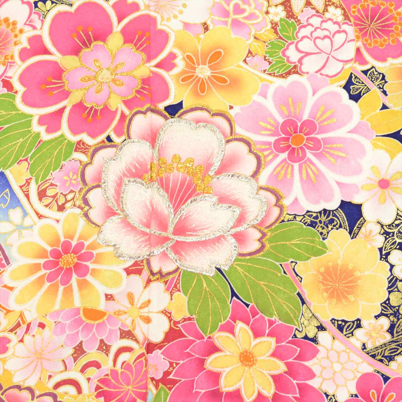 [Used] Silk Furisode Kimono (Sold Separately), Length 168.5cm (66.3in) (Size LL), Sleeve Length 70.0cm (27.6in), Ready-made, Recycled Kimono, Navy Blue, Floral Pattern, Gold Thread, Gold Embellishments, Vintage, uu0239b 