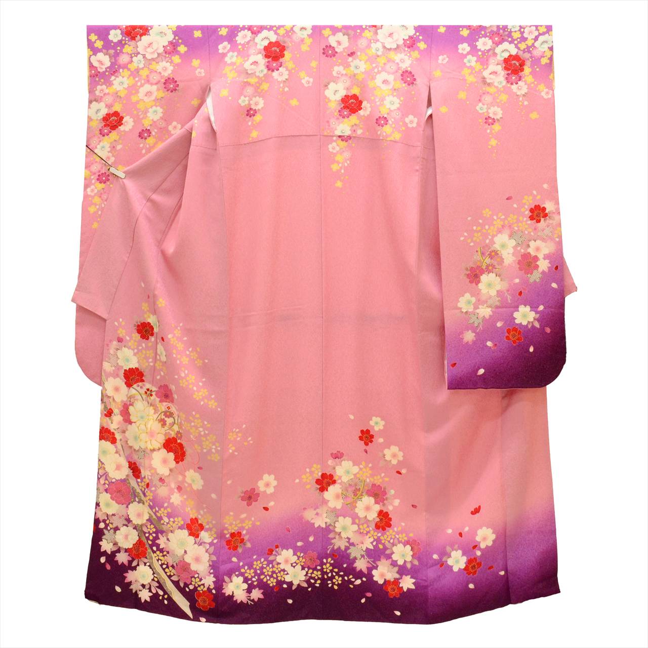 [Used] Furisode (long-sleeved kimono) - Single item, Pure silk, Length 175.0cm (68.9in) (LL size), Sleeve length 66.3cm (26.1in), Ready-made, Recycled kimono, Used, Pink, Floral pattern, Gold embroidery, Gold leaf, Vintage, uu0242b 