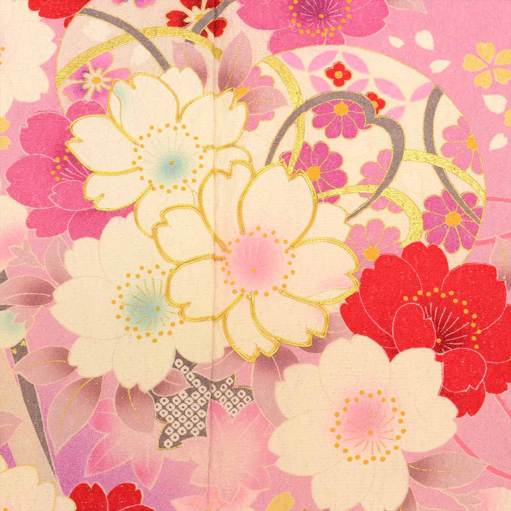 [Used] Furisode (long-sleeved kimono) - Single item, Pure silk, Length 175.0cm (68.9in) (LL size), Sleeve length 66.3cm (26.1in), Ready-made, Recycled kimono, Used, Pink, Floral pattern, Gold embroidery, Gold leaf, Vintage, uu0242b 