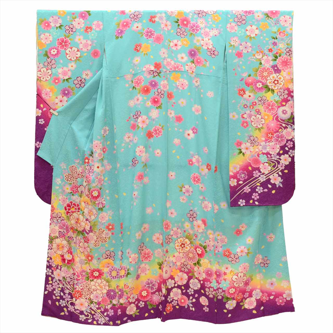 [Used] Furisode (long-sleeved kimono) - Single item, Pure silk, Length 170.8cm (67.2in), Size LL, Sleeve length 68.7cm (27.0in), Ready-made, Recycled kimono, Blue, Floral pattern, Gold embroidery, Vintage, uu0243b 