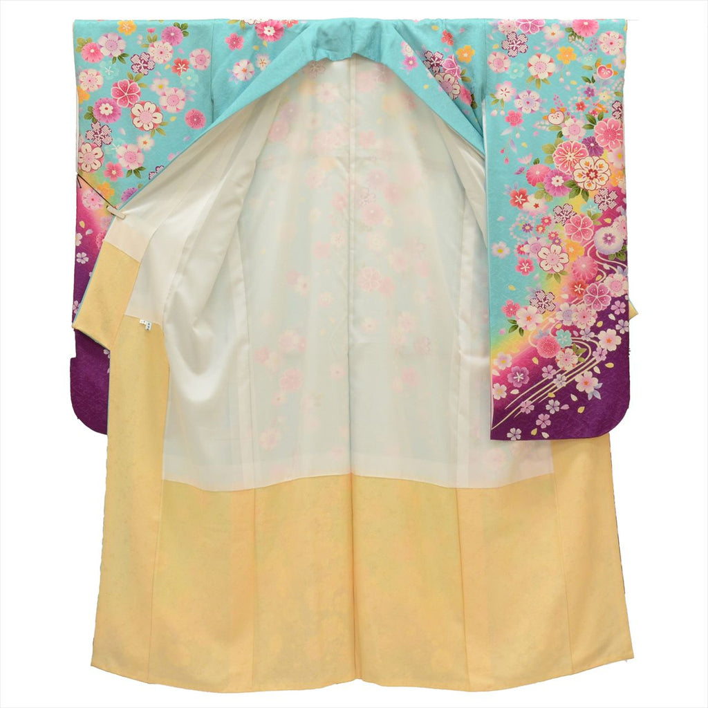 [Used] Furisode (long-sleeved kimono) - Single item, Pure silk, Length 170.8cm (67.2in), Size LL, Sleeve length 68.7cm (27.0in), Ready-made, Recycled kimono, Blue, Floral pattern, Gold embroidery, Vintage, uu0243b 