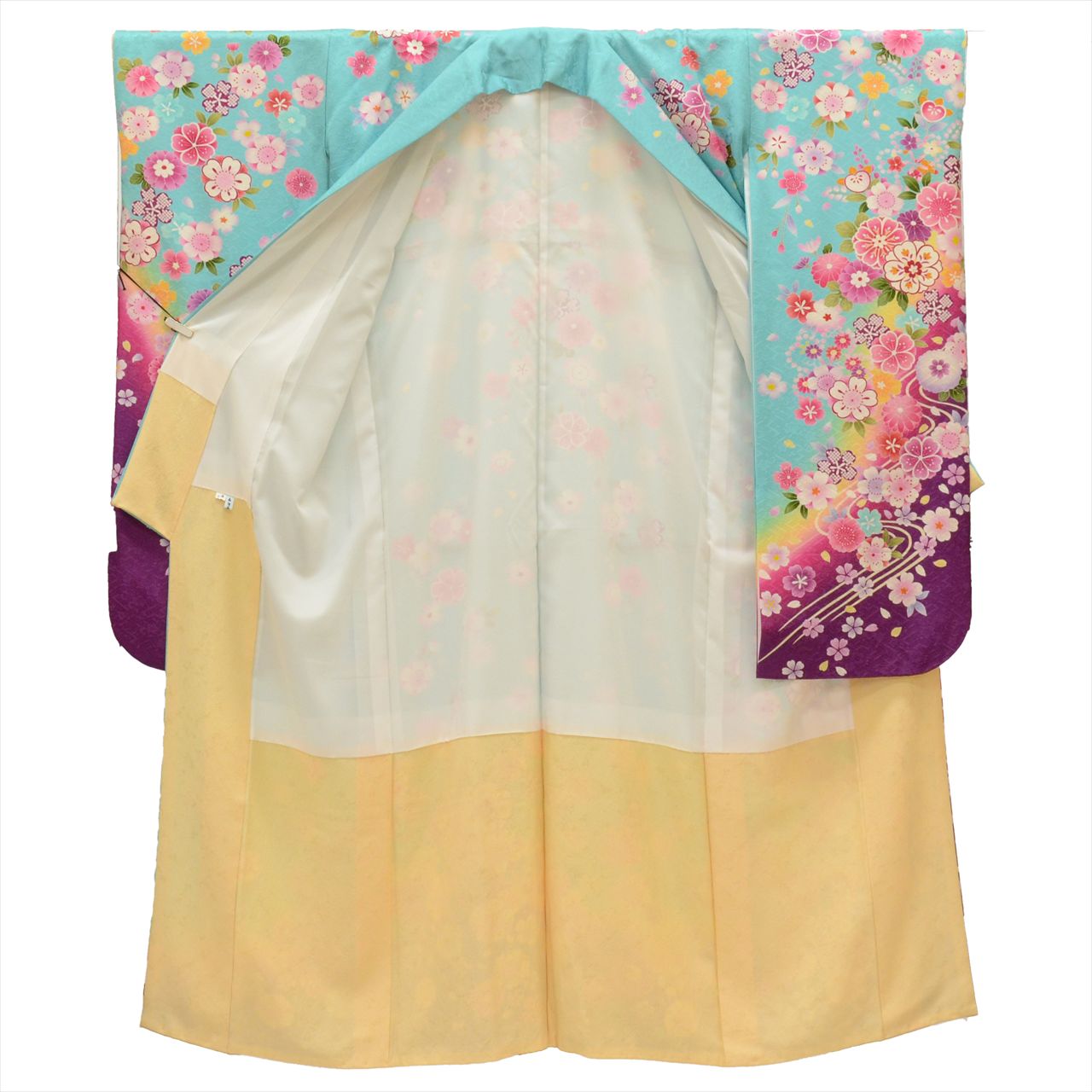 [Used] Furisode (long-sleeved kimono) - Single item, Pure silk, Length 170.8cm (67.2in), Size LL, Sleeve length 68.7cm (27.0in), Ready-made, Recycled kimono, Blue, Floral pattern, Gold embroidery, Vintage, uu0243b 
