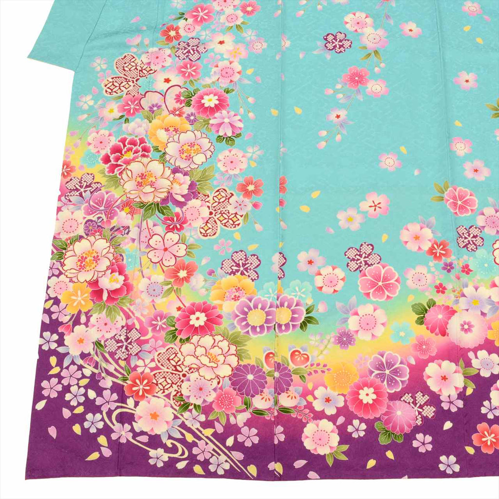 [Used] Furisode (long-sleeved kimono) - Single item, Pure silk, Length 170.8cm (67.2in), Size LL, Sleeve length 68.7cm (27.0in), Ready-made, Recycled kimono, Blue, Floral pattern, Gold embroidery, Vintage, uu0243b 