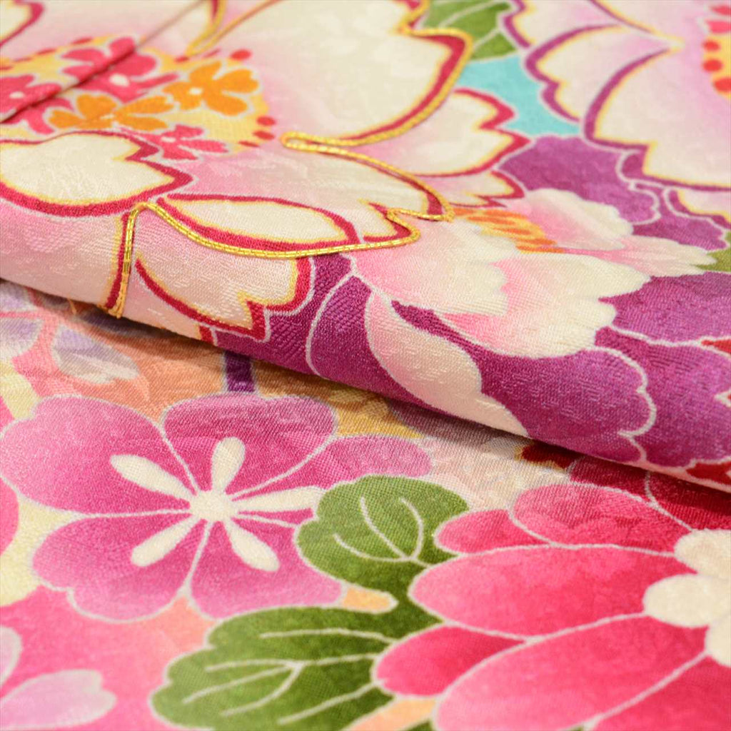 [Used] Furisode (long-sleeved kimono) - Single item, Pure silk, Length 170.8cm (67.2in), Size LL, Sleeve length 68.7cm (27.0in), Ready-made, Recycled kimono, Blue, Floral pattern, Gold embroidery, Vintage, uu0243b 