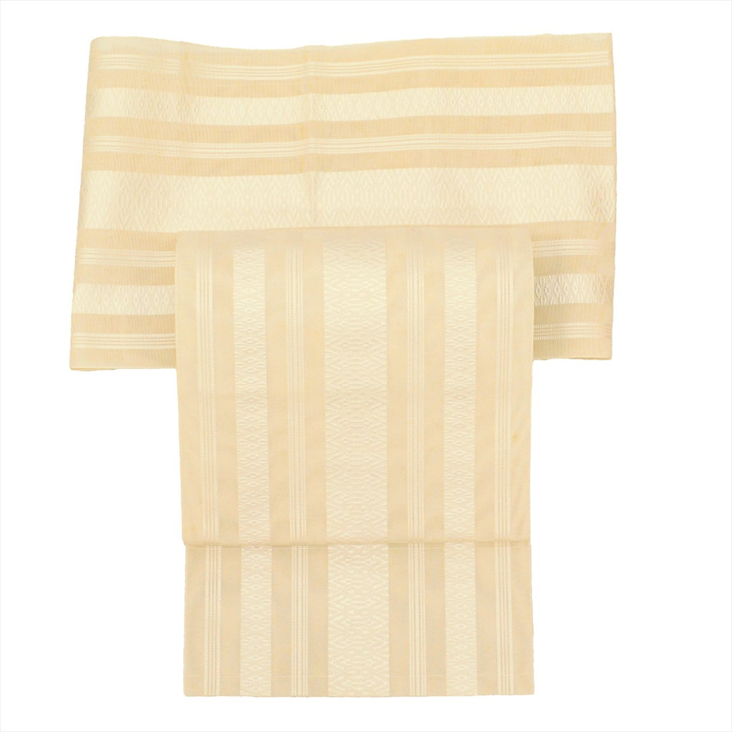 Vintage Japanese Obi | Summer Nagoya Obi | Beige Silk Sha | Hakata-ori献上 Pattern | Eight-sun | Full-length | Sustainable | uu0250b