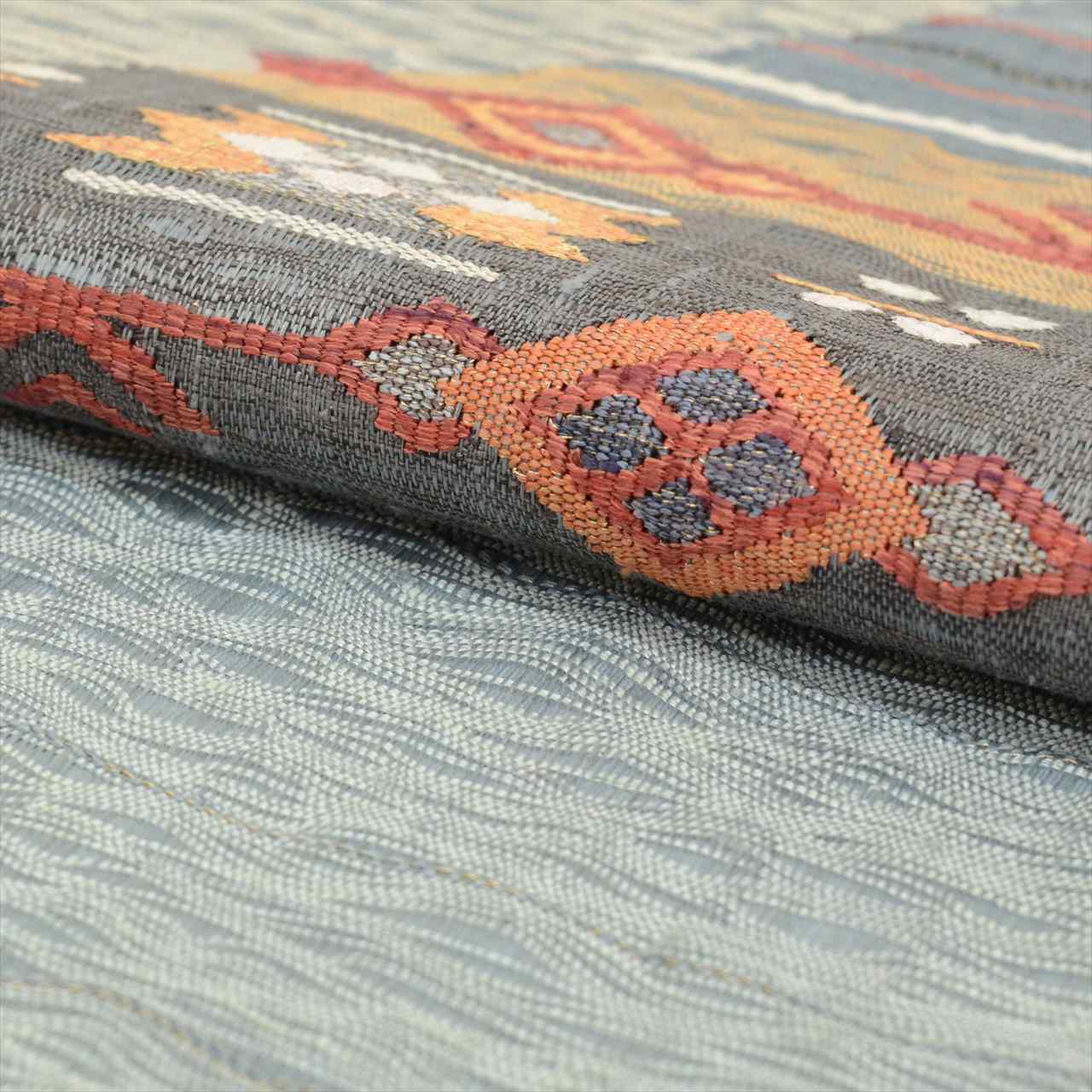 Vintage Japanese Obi | Summer Sha-re Fukuro Obi | Blue Gray Silk Tsumugi | Geometric Otaiko | Sustainable | uu0260b