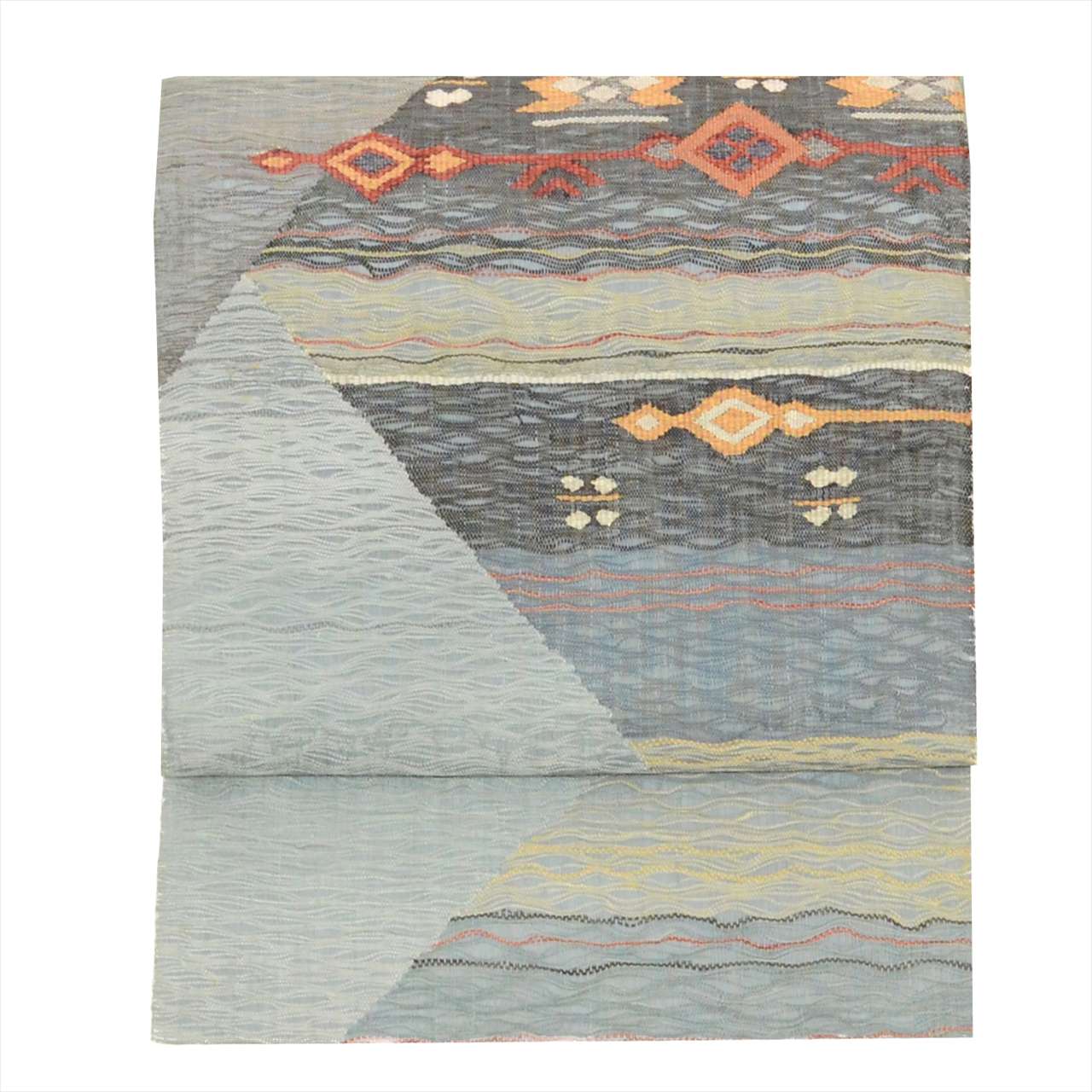 Vintage Japanese Obi | Summer Sha-re Fukuro Obi | Blue Gray Silk Tsumugi | Geometric Otaiko | Sustainable | uu0260b
