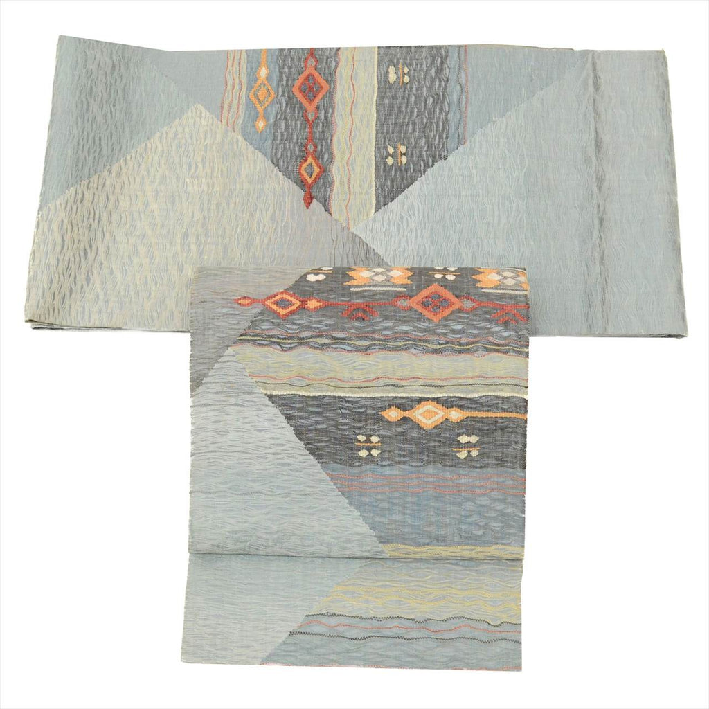 Vintage Japanese Obi | Summer Sha-re Fukuro Obi | Blue Gray Silk Tsumugi | Geometric Otaiko | Sustainable | uu0260b