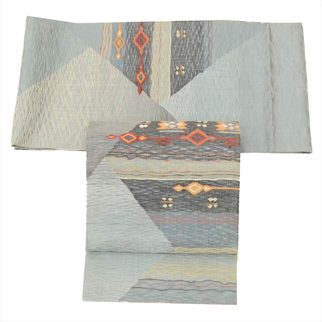 Vintage Japanese Obi | Summer Sha-re Fukuro Obi | Blue Gray Silk Tsumugi | Geometric Otaiko | Sustainable | uu0260b