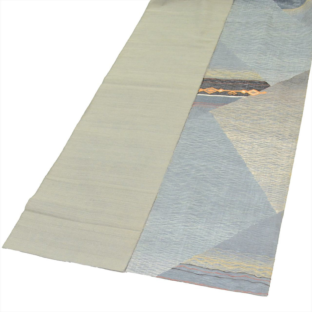 Vintage Japanese Obi | Summer Sha-re Fukuro Obi | Blue Gray Silk Tsumugi | Geometric Otaiko | Sustainable | uu0260b
