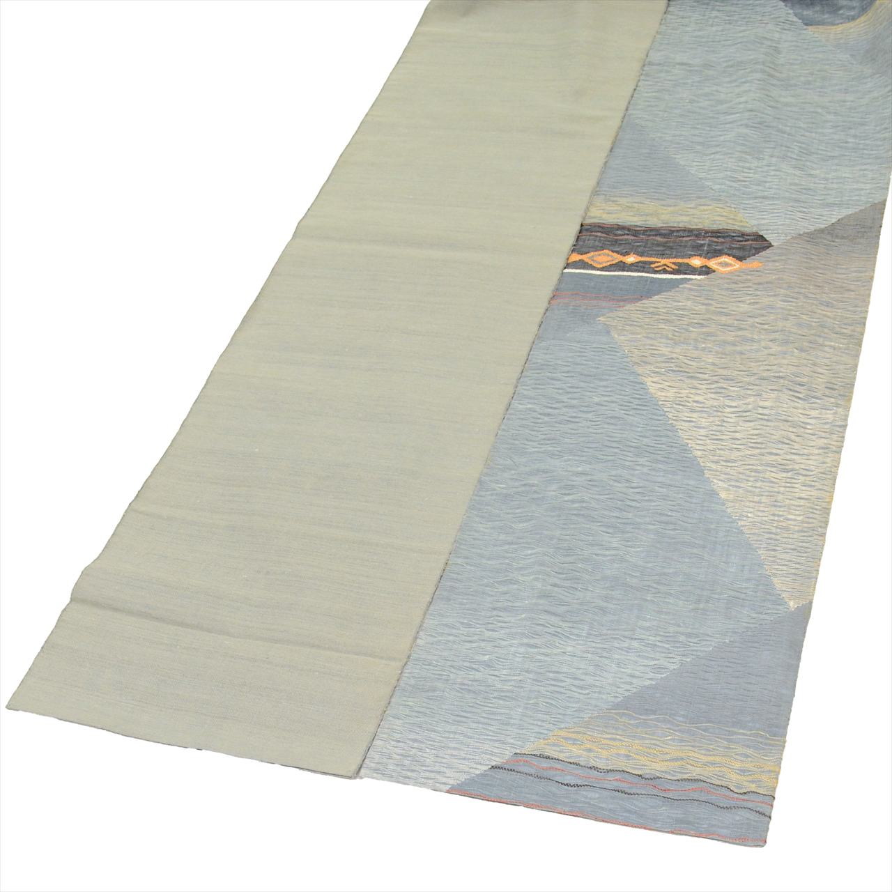 Vintage Japanese Obi | Summer Sha-re Fukuro Obi | Blue Gray Silk Tsumugi | Geometric Otaiko | Sustainable | uu0260b