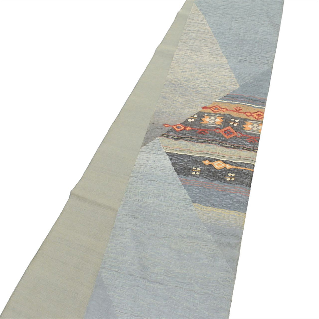 Vintage Japanese Obi | Summer Sha-re Fukuro Obi | Blue Gray Silk Tsumugi | Geometric Otaiko | Sustainable | uu0260b