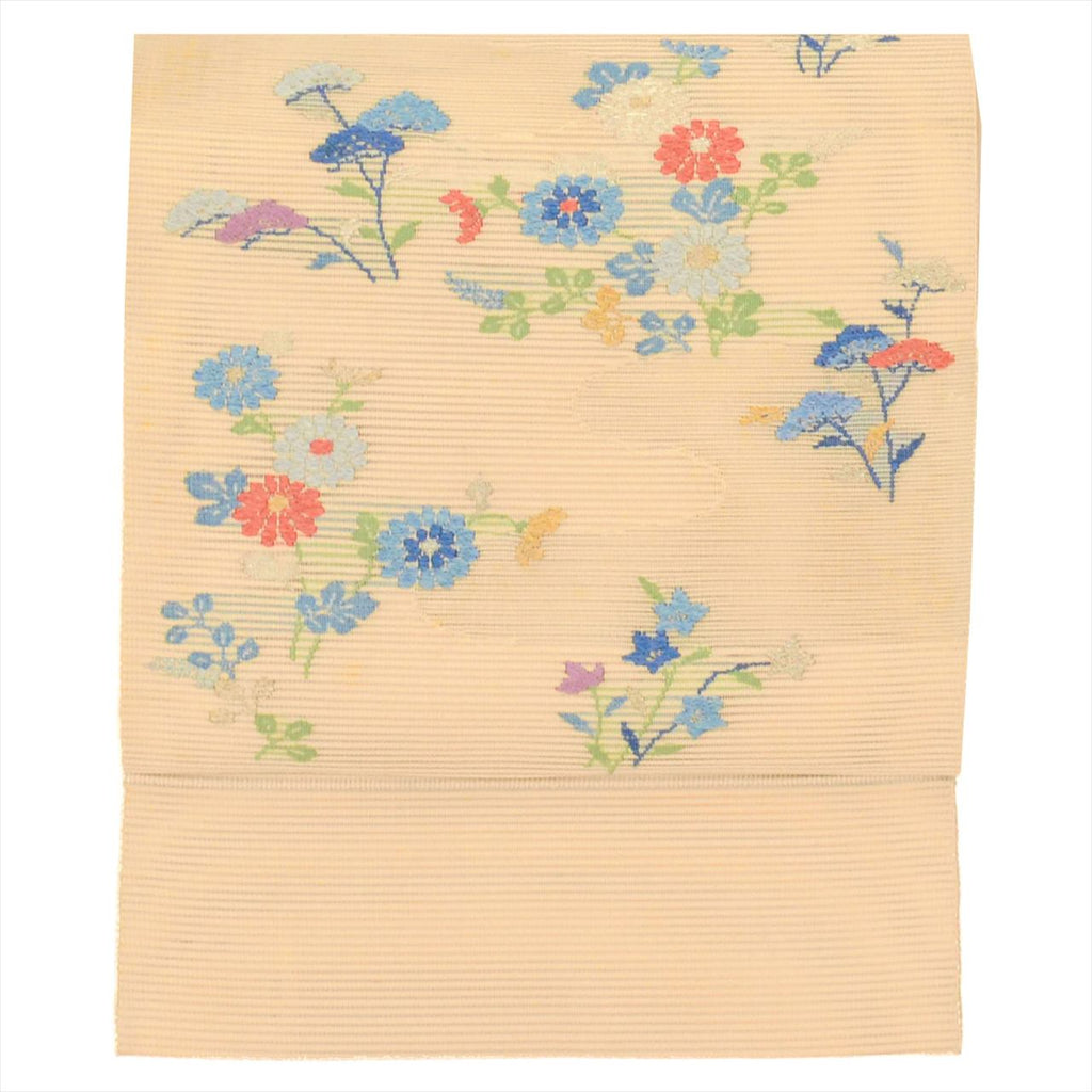 Vintage Japanese Obi | Summer Nagoya Obi | Beige Silk Ro | Floral Embroidery Silver Thread | Eight-sun | Sustainable | uu0261b