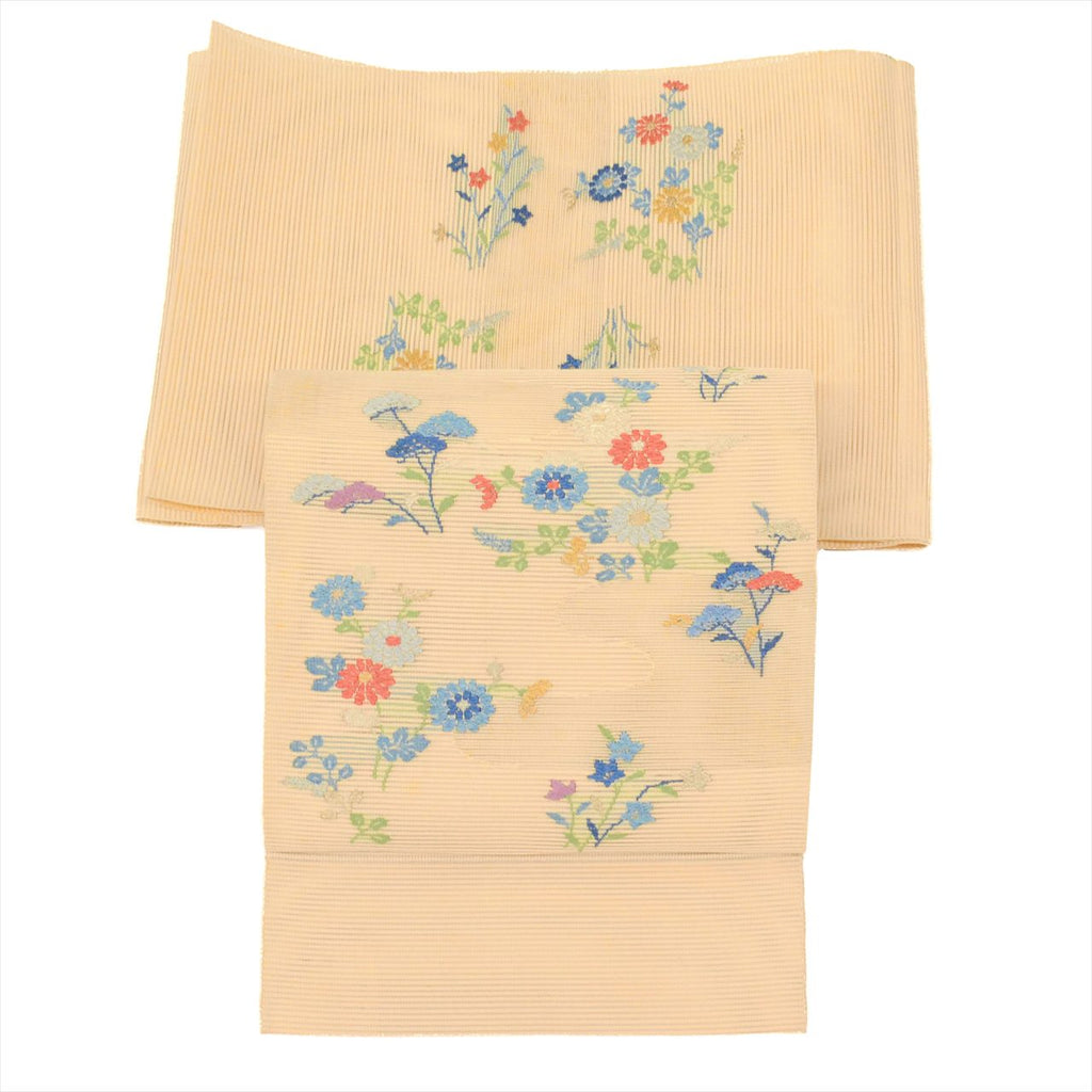 Vintage Japanese Obi | Summer Nagoya Obi | Beige Silk Ro | Floral Embroidery Silver Thread | Eight-sun | Sustainable | uu0261b