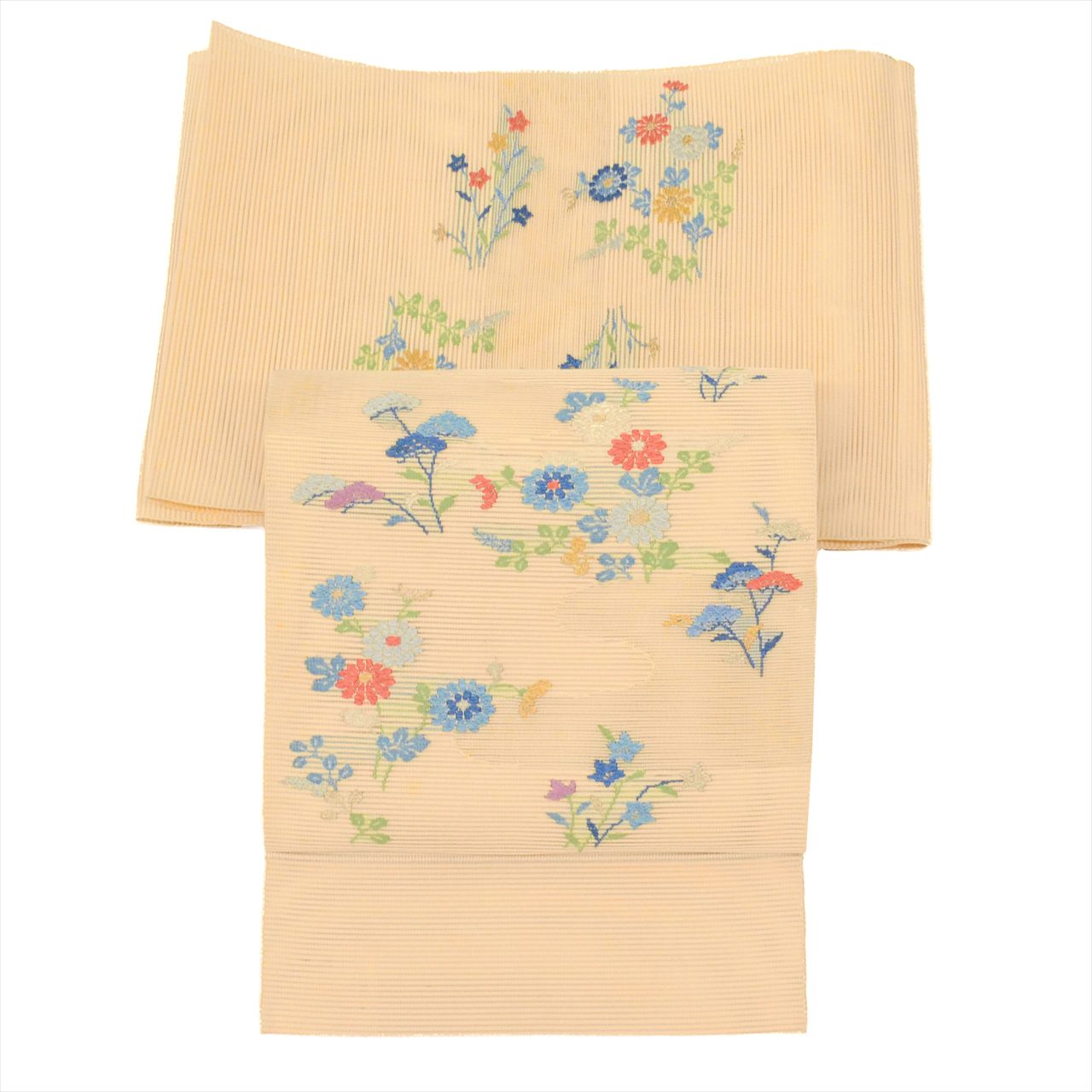 Vintage Japanese Obi | Summer Nagoya Obi | Beige Silk Ro | Floral Embroidery Silver Thread | Eight-sun | Sustainable | uu0261b