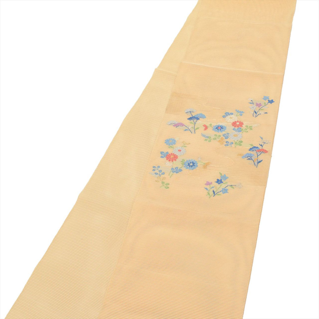 Vintage Japanese Obi | Summer Nagoya Obi | Beige Silk Ro | Floral Embroidery Silver Thread | Eight-sun | Sustainable | uu0261b