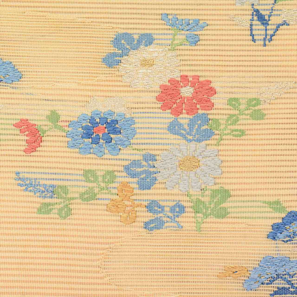 Vintage Japanese Obi | Summer Nagoya Obi | Beige Silk Ro | Floral Embroidery Silver Thread | Eight-sun | Sustainable | uu0261b