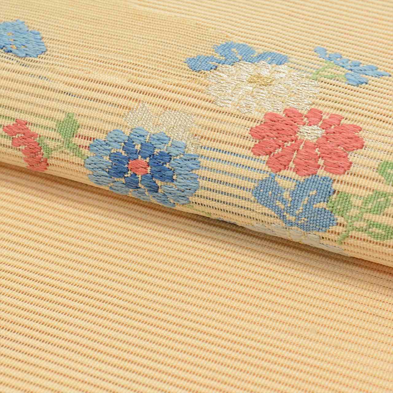 Vintage Japanese Obi | Summer Nagoya Obi | Beige Silk Ro | Floral Embroidery Silver Thread | Eight-sun | Sustainable | uu0261b