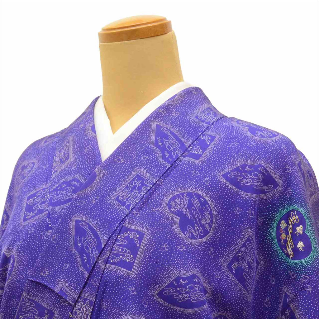 [Used] Komon (small patterned) recycled kimono, pure silk, lined, length 151.5cm (59.6in), size S, sleeve length 62.0cm (24.4in), antique brown color, landscape pattern, embroidery, high quality, semi-formal, spring, summer, autumn, winter, ready-made. 