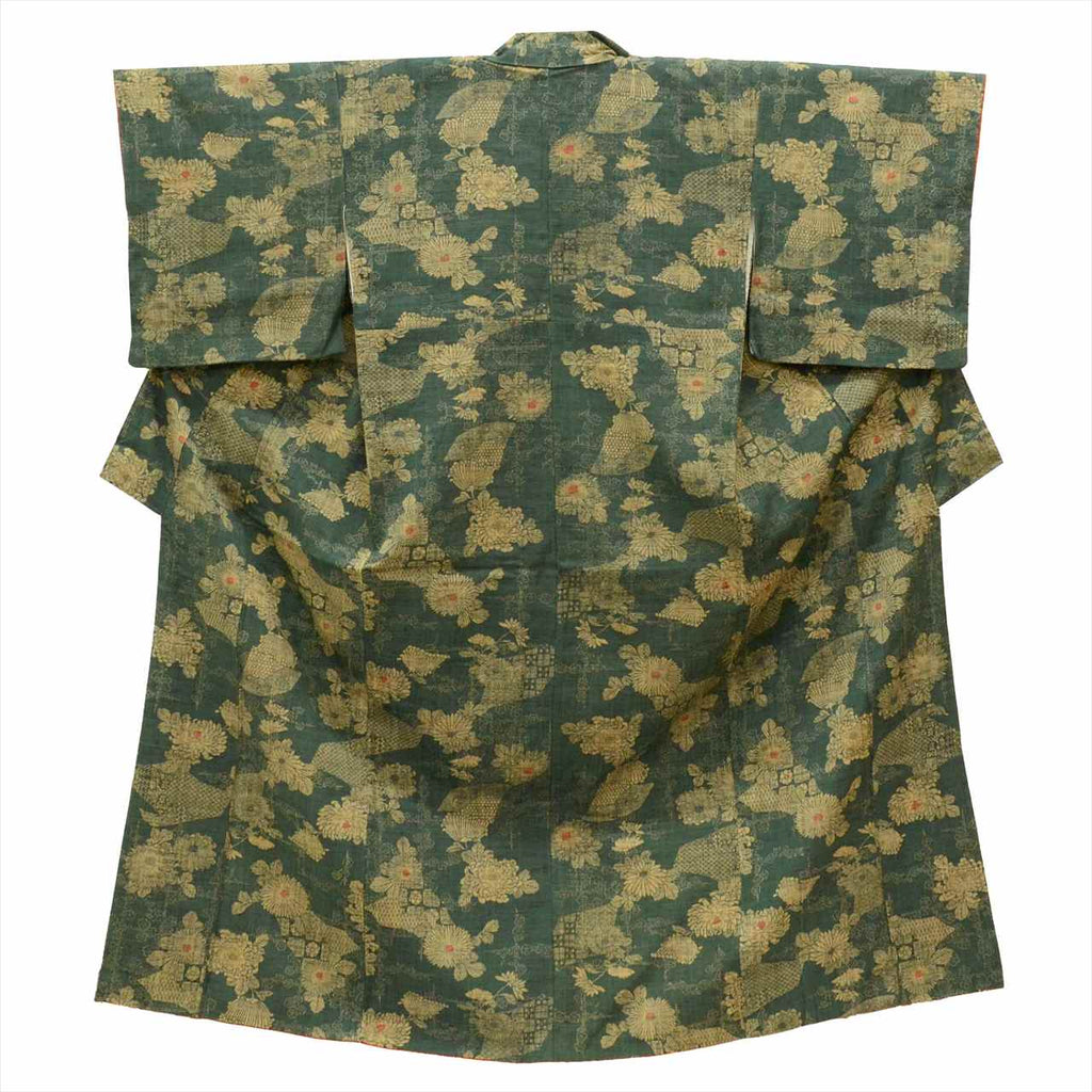 Vintage Japanese Kimono | Tsumugi | Green Silk | Chrysanthemum Pattern | Petite Size S | Sustainable | uu0271b
