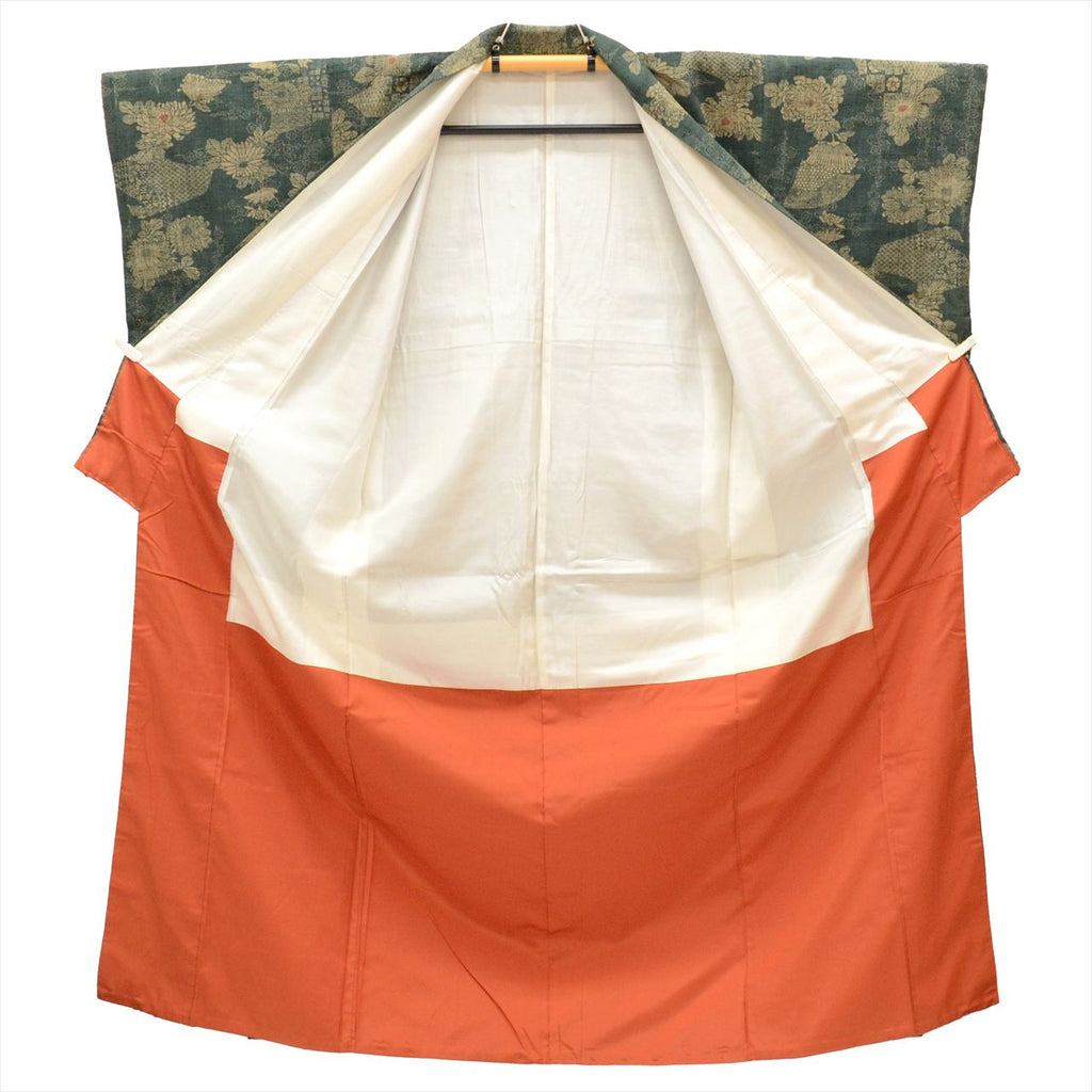 Vintage Japanese Kimono | Tsumugi | Green Silk | Chrysanthemum Pattern | Petite Size S | Sustainable | uu0271b