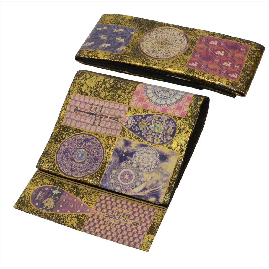 Vintage Japanese Obi | Tsukuri-obi (Ready-tied Obi) | Black Silk | Loquat Mirror Pattern | Nijuudaiko | Gold Foil | Sustainable | uu0282b