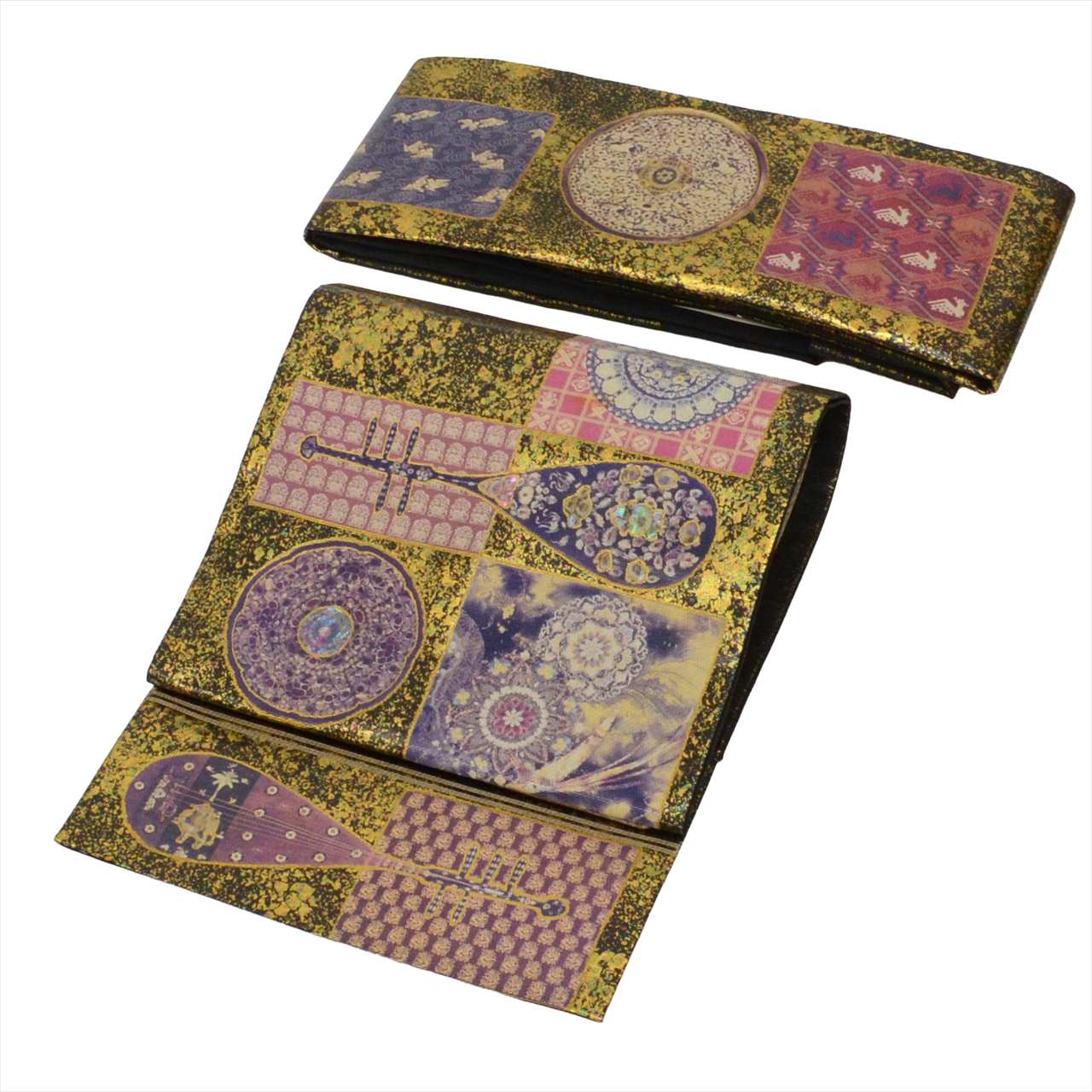 Vintage Japanese Obi | Tsukuri-obi (Ready-tied Obi) | Black Silk | Loquat Mirror Pattern | Nijuudaiko | Gold Foil | Sustainable | uu0282b