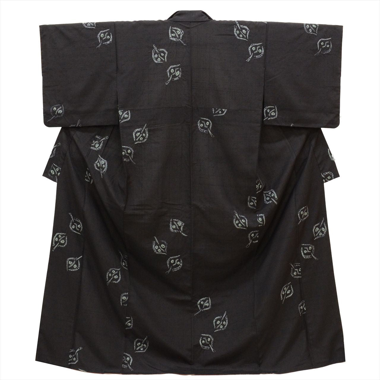 Vintage Japanese Kimono | Yuki Tsumugi | Black Silk | Leaf Pattern | Shibori | UNESCO Heritage | Size L | Sustainable | uu0289b