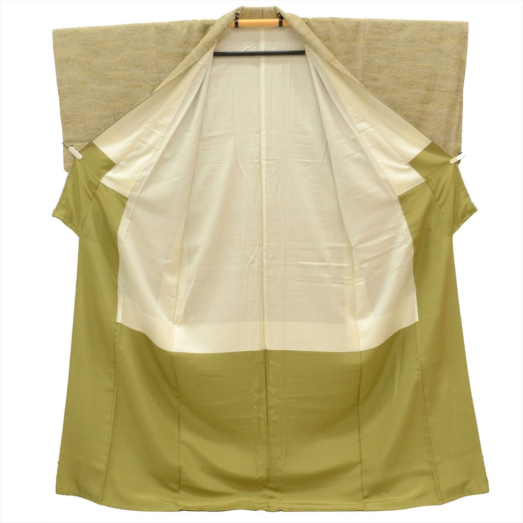 [Used] Komon (small patterned) recycled kimono, pure silk, lined, length 161.5cm (63.6in), size L, sleeve length 65.5cm (25.8in), greenish color, gradient pattern, high quality, semi-formal, spring, summer, autumn, winter, ready-made. 