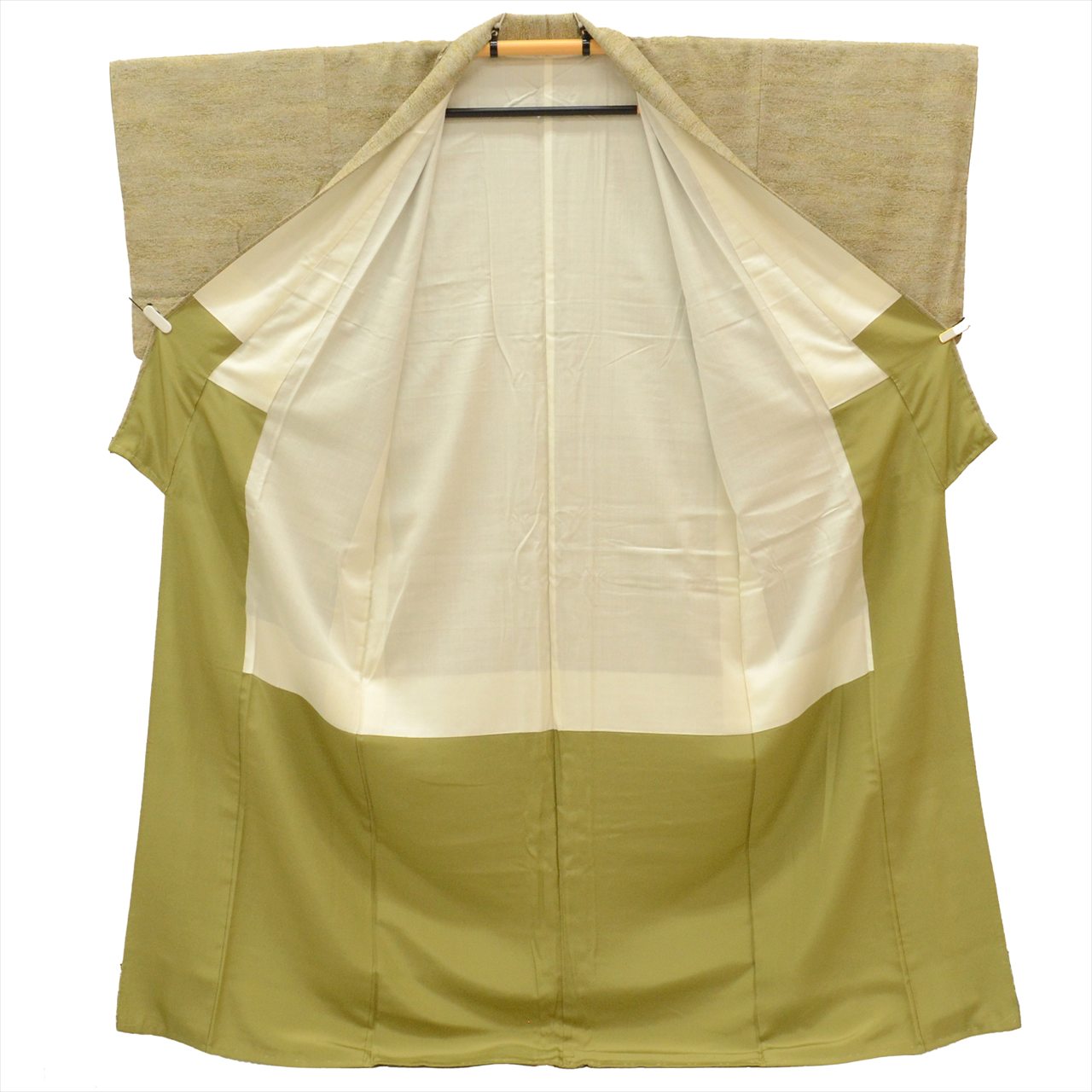 [Used] Komon (small patterned) recycled kimono, pure silk, lined, length 161.5cm (63.6in), size L, sleeve length 65.5cm (25.8in), greenish color, gradient pattern, high quality, semi-formal, spring, summer, autumn, winter, ready-made. 