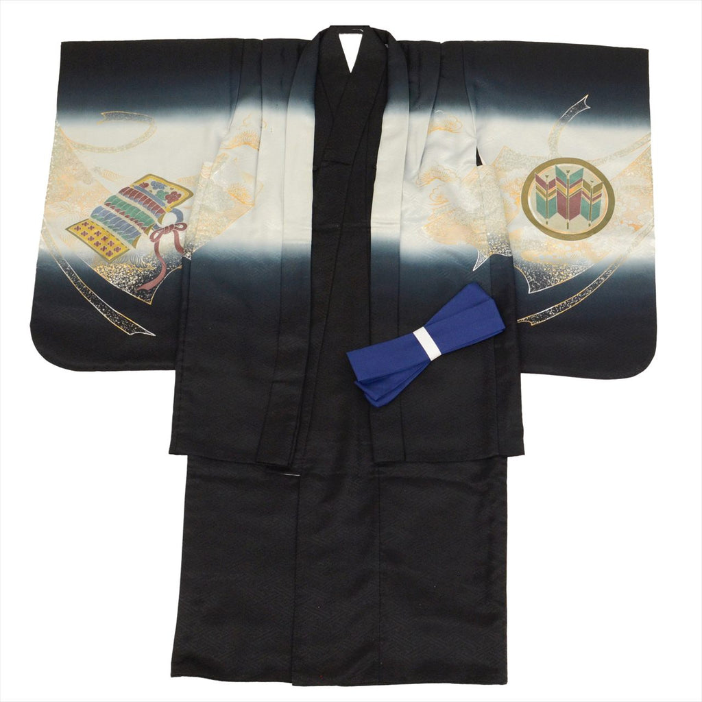 [Used] Boys' Shichi-Go-San (7-5-3) Ceremony Set (5 years old) - 2-piece set, synthetic fiber, recycled kimono and haori jacket, ready-made, length 100cm, sleeve length 49cm, black with hawk pattern and silver accents, traditional Japanese pattern, uu0356b 