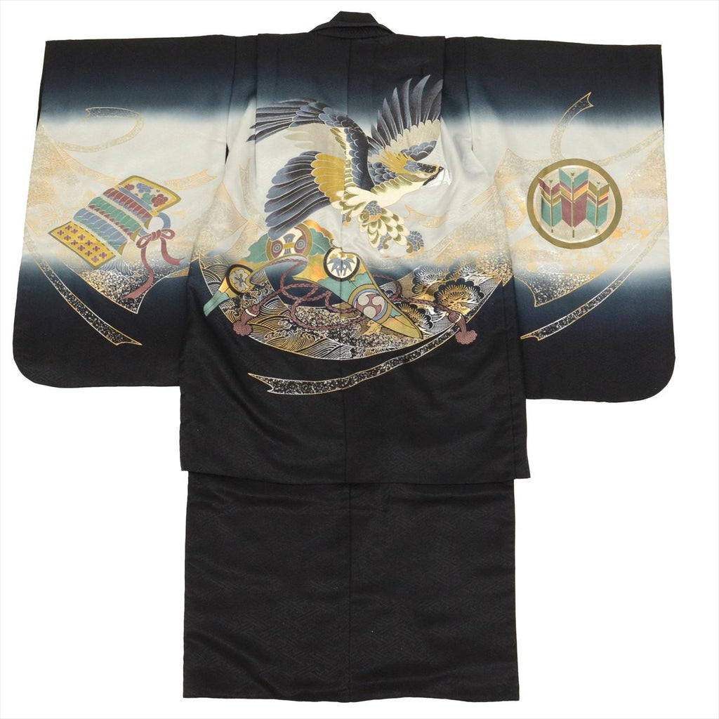 [Used] Boys' Shichi-Go-San (7-5-3) Ceremony Set (5 years old) - 2-piece set, synthetic fiber, recycled kimono and haori jacket, ready-made, length 100cm, sleeve length 49cm, black with hawk pattern and silver accents, traditional Japanese pattern, uu0356b 