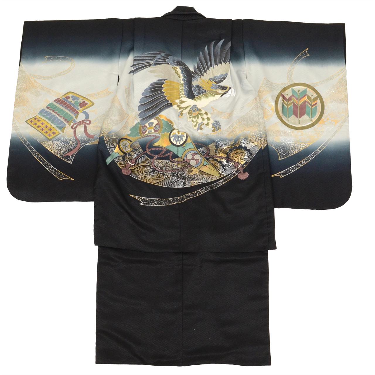 [Used] Boys' Shichi-Go-San (7-5-3) Ceremony Set (5 years old) - 2-piece set, synthetic fiber, recycled kimono and haori jacket, ready-made, length 100cm, sleeve length 49cm, black with hawk pattern and silver accents, traditional Japanese pattern, uu0356b 