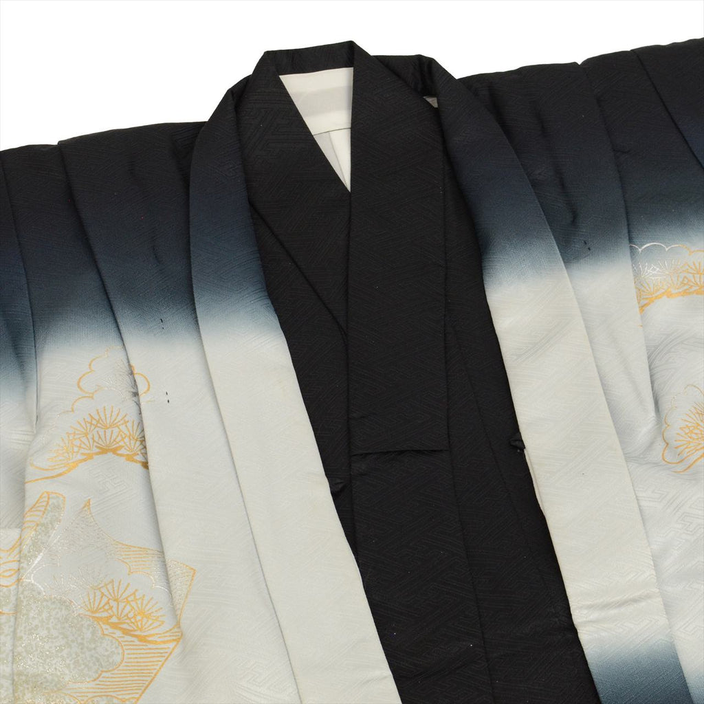 [Used] Boys' Shichi-Go-San (7-5-3) Ceremony Set (5 years old) - 2-piece set, synthetic fiber, recycled kimono and haori jacket, ready-made, length 100cm, sleeve length 49cm, black with hawk pattern and silver accents, traditional Japanese pattern, uu0356b 