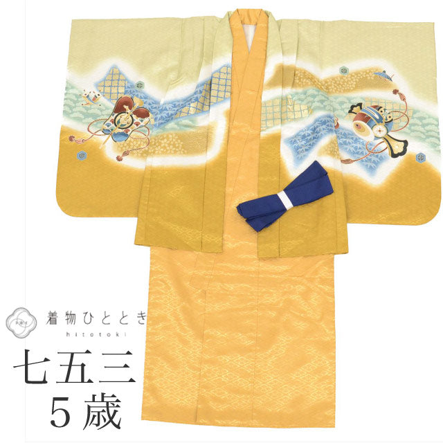 【中古】 七五三 男の子 5歳 2点セット 化繊 着物 羽織 美品 仕立て上がり リサイクル着物 身丈105cm 裄49.5cm 茶色系 鷹文様 刺繍 金彩 和柄 和装 uu0358b