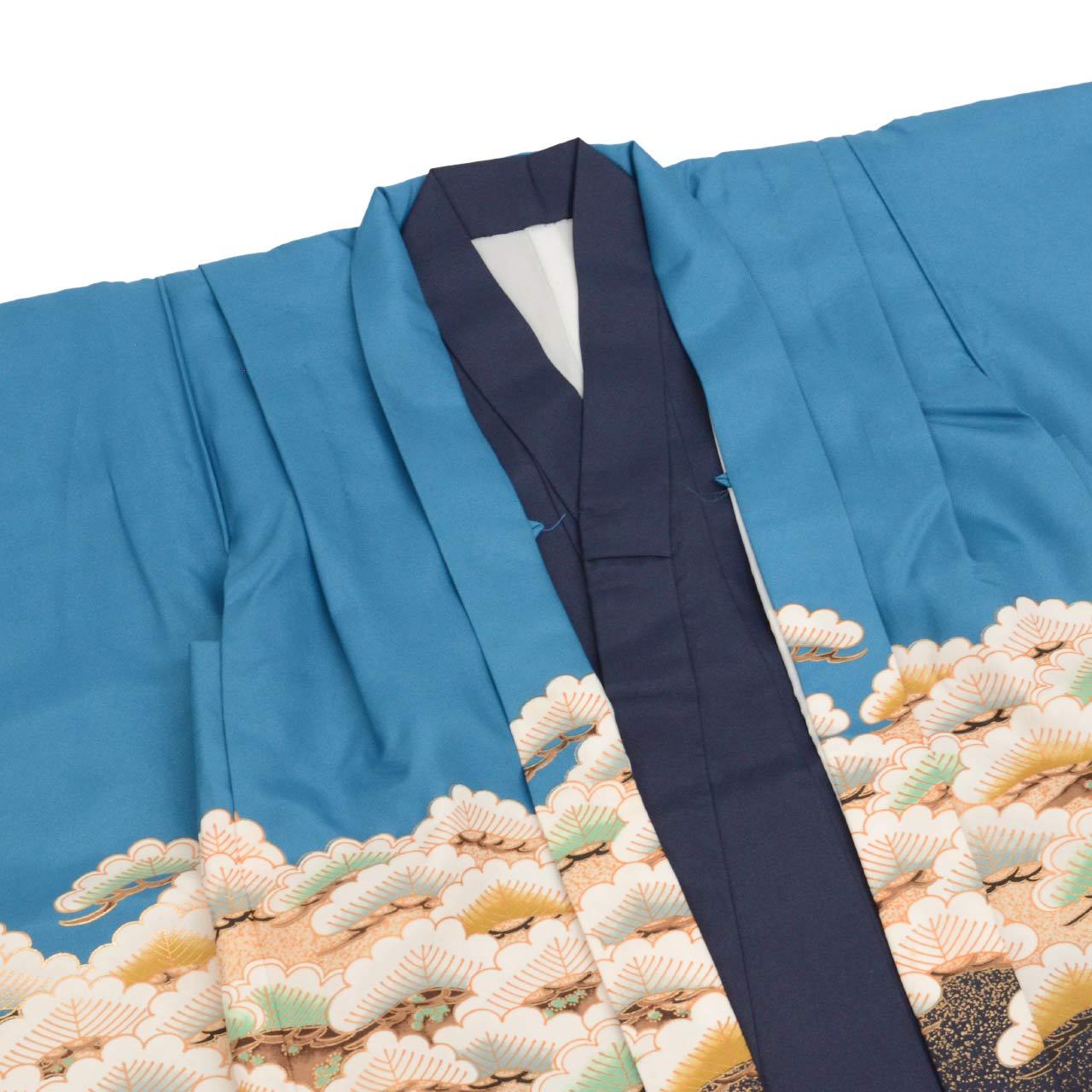[Used] Recycled Shichi-Go-San Boy's 5-Year-Old Kimono and Haori Set (2 pieces) - Synthetic Fiber - Ready-made - Length 87.5cm (34.4in), Sleeve Length 43.5cm (17.1in) - Blue with Hawk Pattern and Gold Embellishments - Traditional Japanese Pattern - uu0368b 
