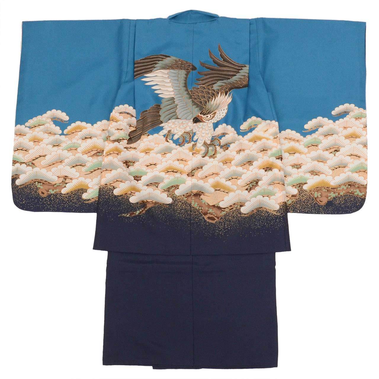 [Used] Recycled Shichi-Go-San Boy's 5-Year-Old Kimono and Haori Set (2 pieces) - Synthetic Fiber - Ready-made - Length 87.5cm (34.4in), Sleeve Length 43.5cm (17.1in) - Blue with Hawk Pattern and Gold Embellishments - Traditional Japanese Pattern - uu0368b 