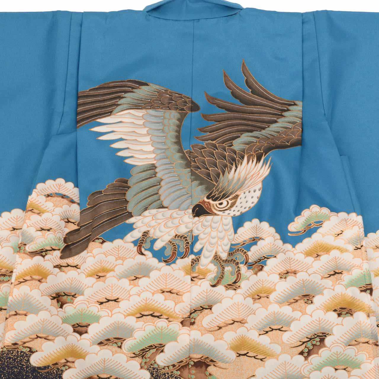 [Used] Recycled Shichi-Go-San Boy's 5-Year-Old Kimono and Haori Set (2 pieces) - Synthetic Fiber - Ready-made - Length 87.5cm (34.4in), Sleeve Length 43.5cm (17.1in) - Blue with Hawk Pattern and Gold Embellishments - Traditional Japanese Pattern - uu0368b 