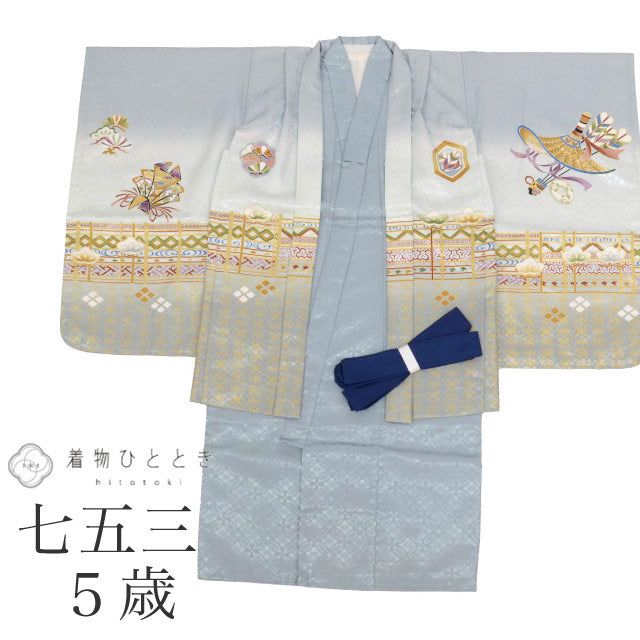 【中古】 リサイクル 七五三 男の子 5歳 2点セット 化繊 着物 羽織 美品 仕立て上がり 身丈93.5cm 裄48.5cm グレー色系 弓矢文様 金彩 和柄 和装 uu0372b