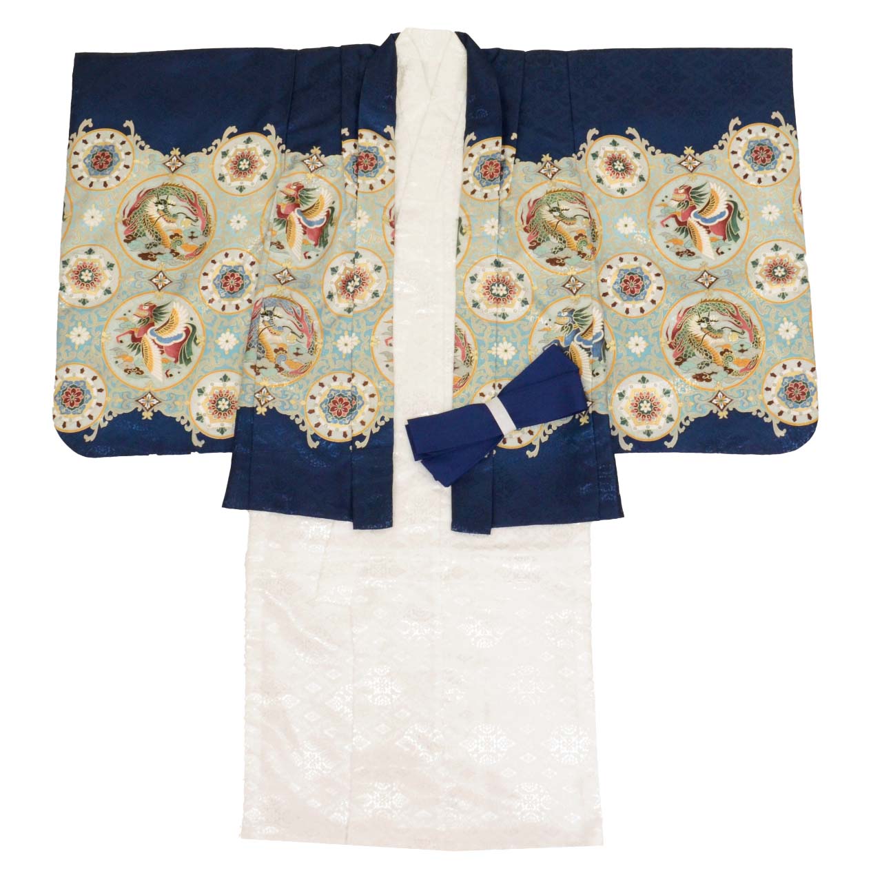 [Used] Recycled Shichi-Go-San Boy's 5-Year-Old Kimono and Haori Set (2 pieces) - Synthetic Fiber - Ready-made - Length 105cm, Sleeve Length 48.5cm - Navy Blue - Eagle Pattern Embroidery with Gold Thread - Traditional Japanese Pattern - uu0377b 