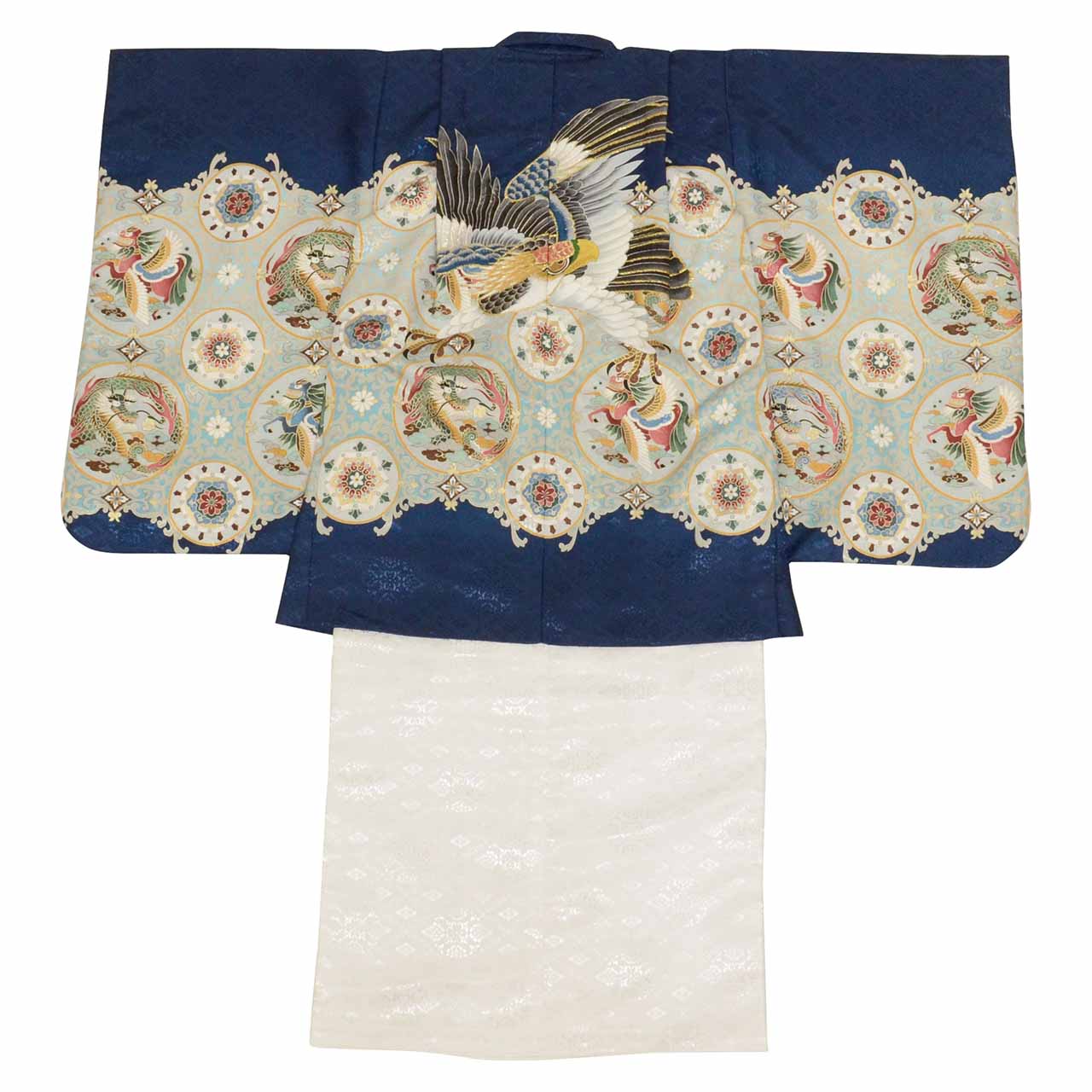 [Used] Recycled Shichi-Go-San Boy's 5-Year-Old Kimono and Haori Set (2 pieces) - Synthetic Fiber - Ready-made - Length 105cm, Sleeve Length 48.5cm - Navy Blue - Eagle Pattern Embroidery with Gold Thread - Traditional Japanese Pattern - uu0377b 