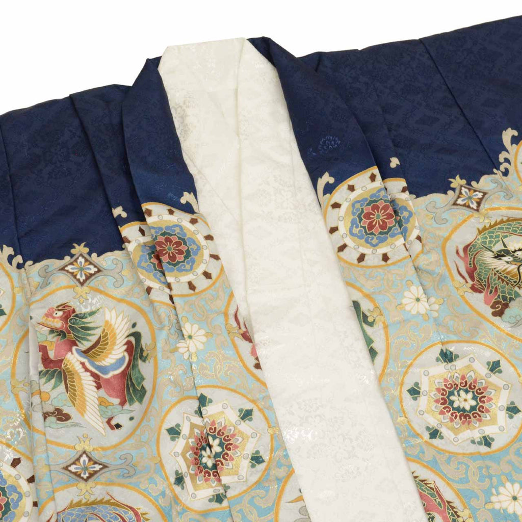 [Used] Recycled Shichi-Go-San Boy's 5-Year-Old Kimono and Haori Set (2 pieces) - Synthetic Fiber - Ready-made - Length 105cm, Sleeve Length 48.5cm - Navy Blue - Eagle Pattern Embroidery with Gold Thread - Traditional Japanese Pattern - uu0377b 