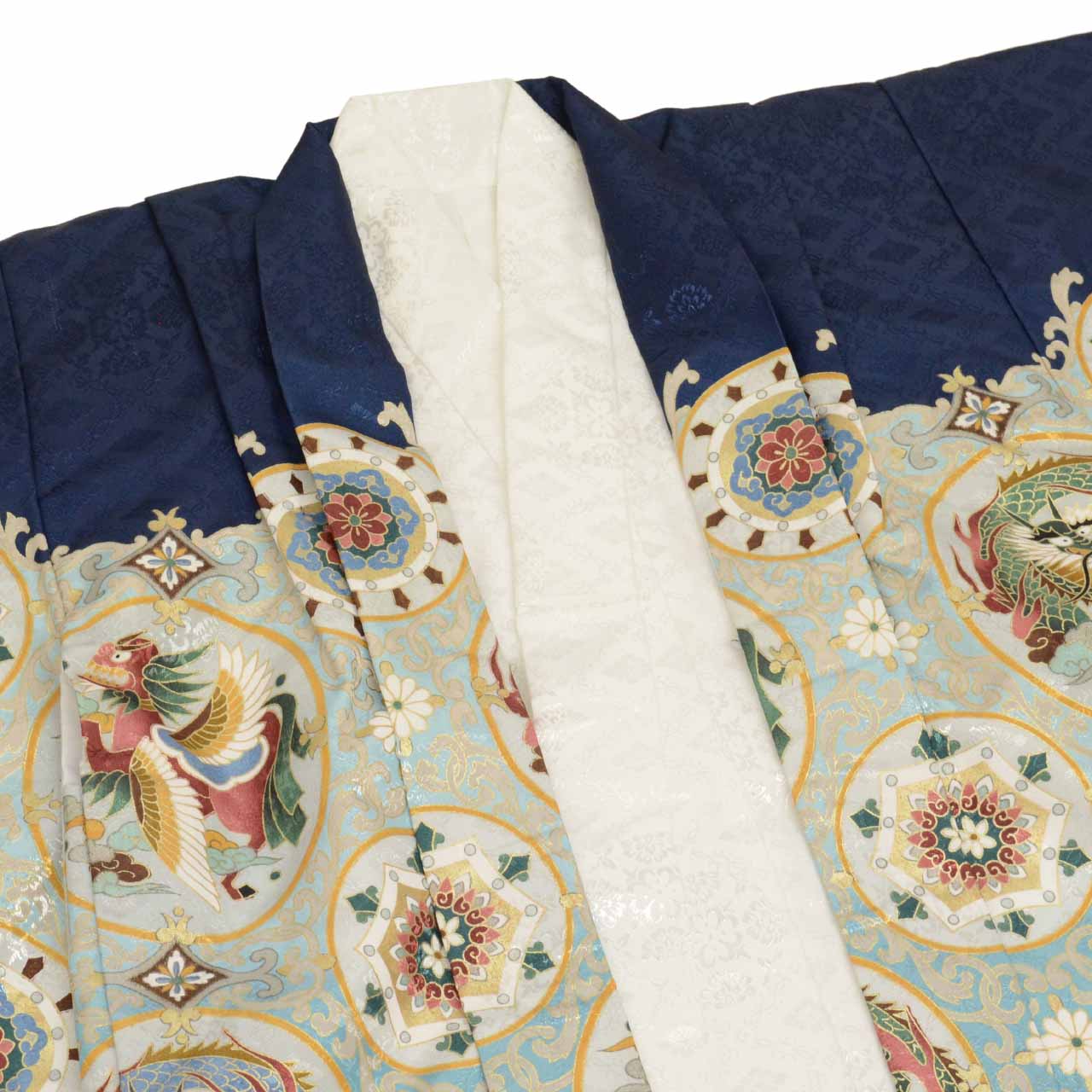 [Used] Recycled Shichi-Go-San Boy's 5-Year-Old Kimono and Haori Set (2 pieces) - Synthetic Fiber - Ready-made - Length 105cm, Sleeve Length 48.5cm - Navy Blue - Eagle Pattern Embroidery with Gold Thread - Traditional Japanese Pattern - uu0377b 
